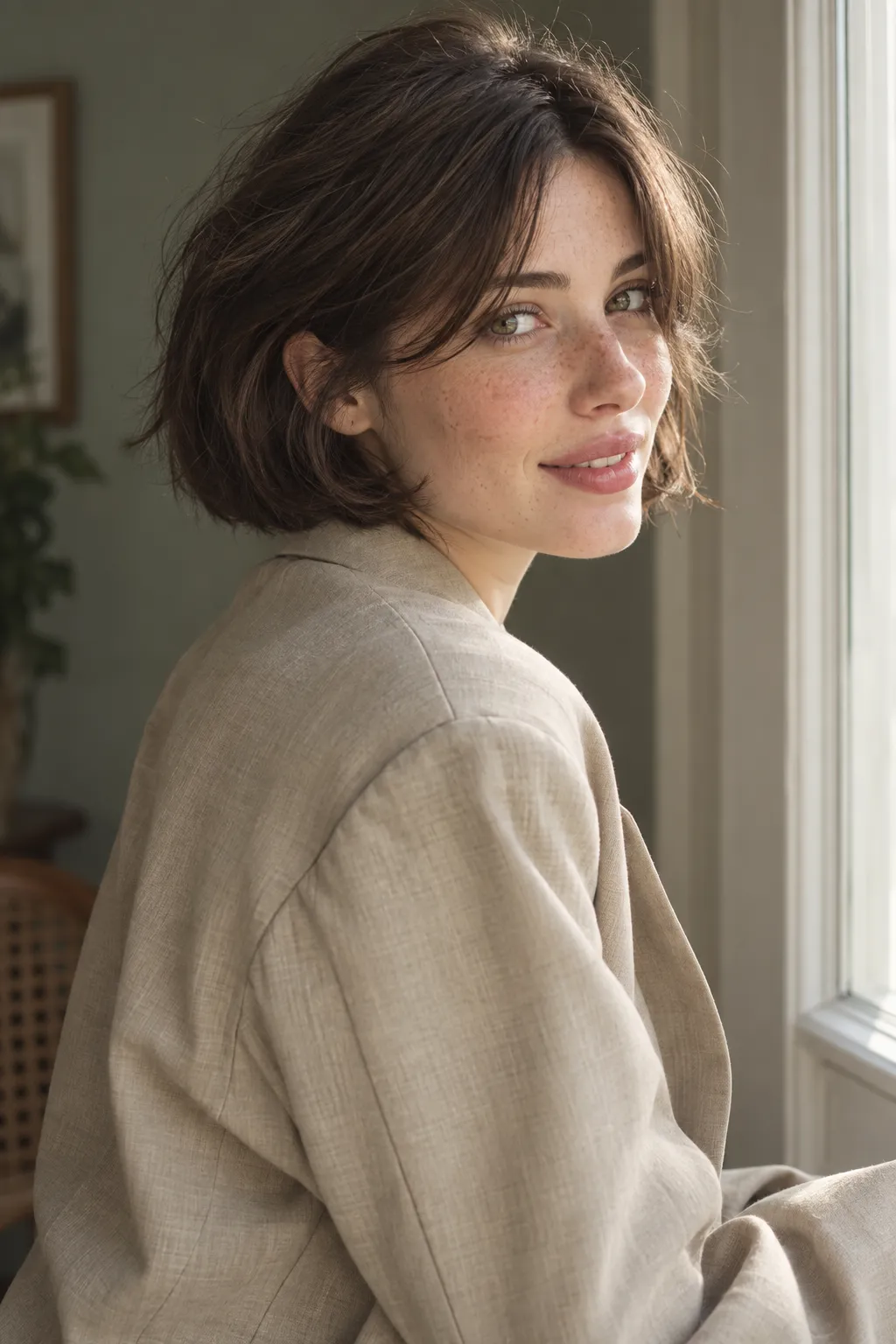 Softly layered French bob with curtain fringe framing the face.