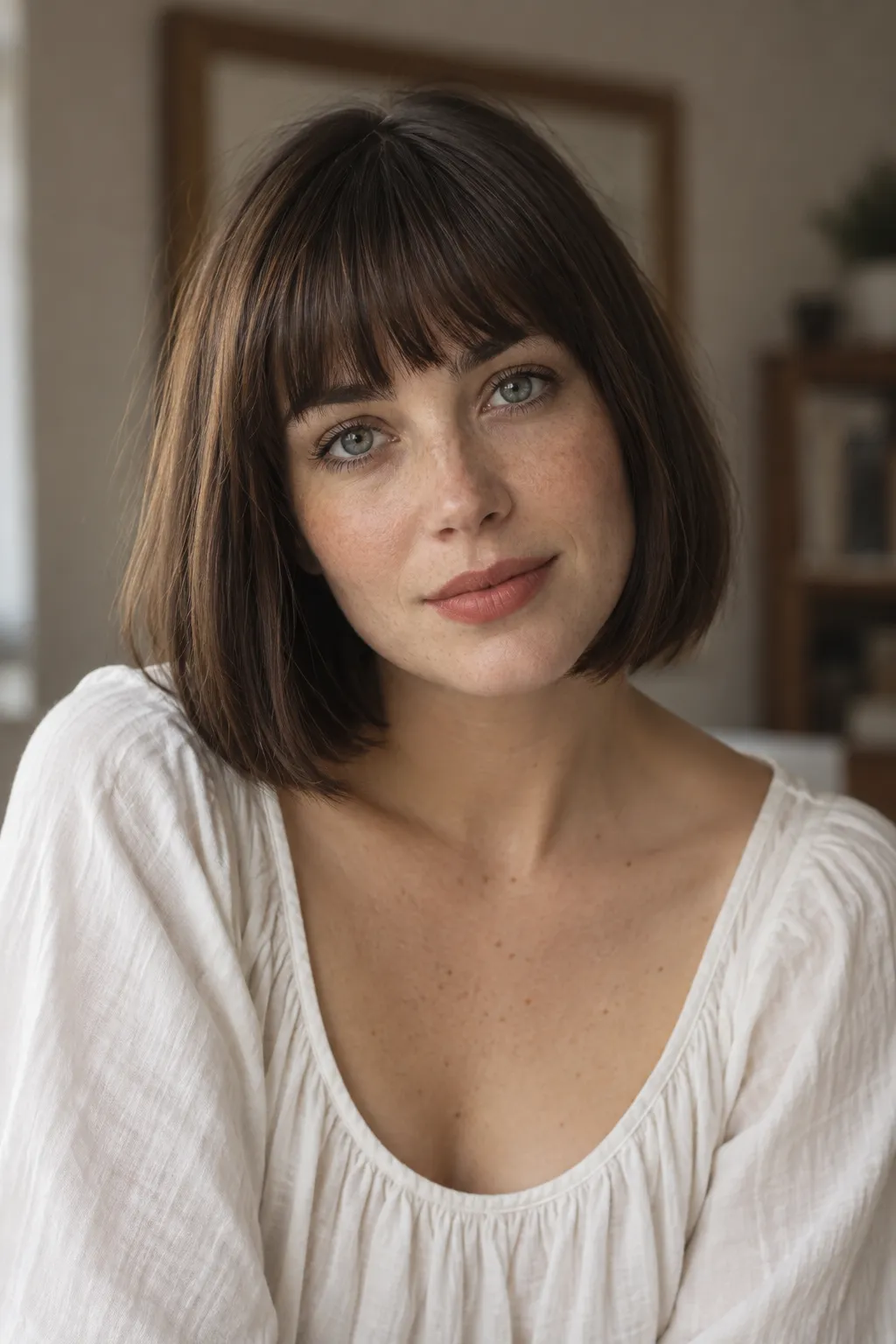 Straight brunette bob with a blunt-cut fringe.