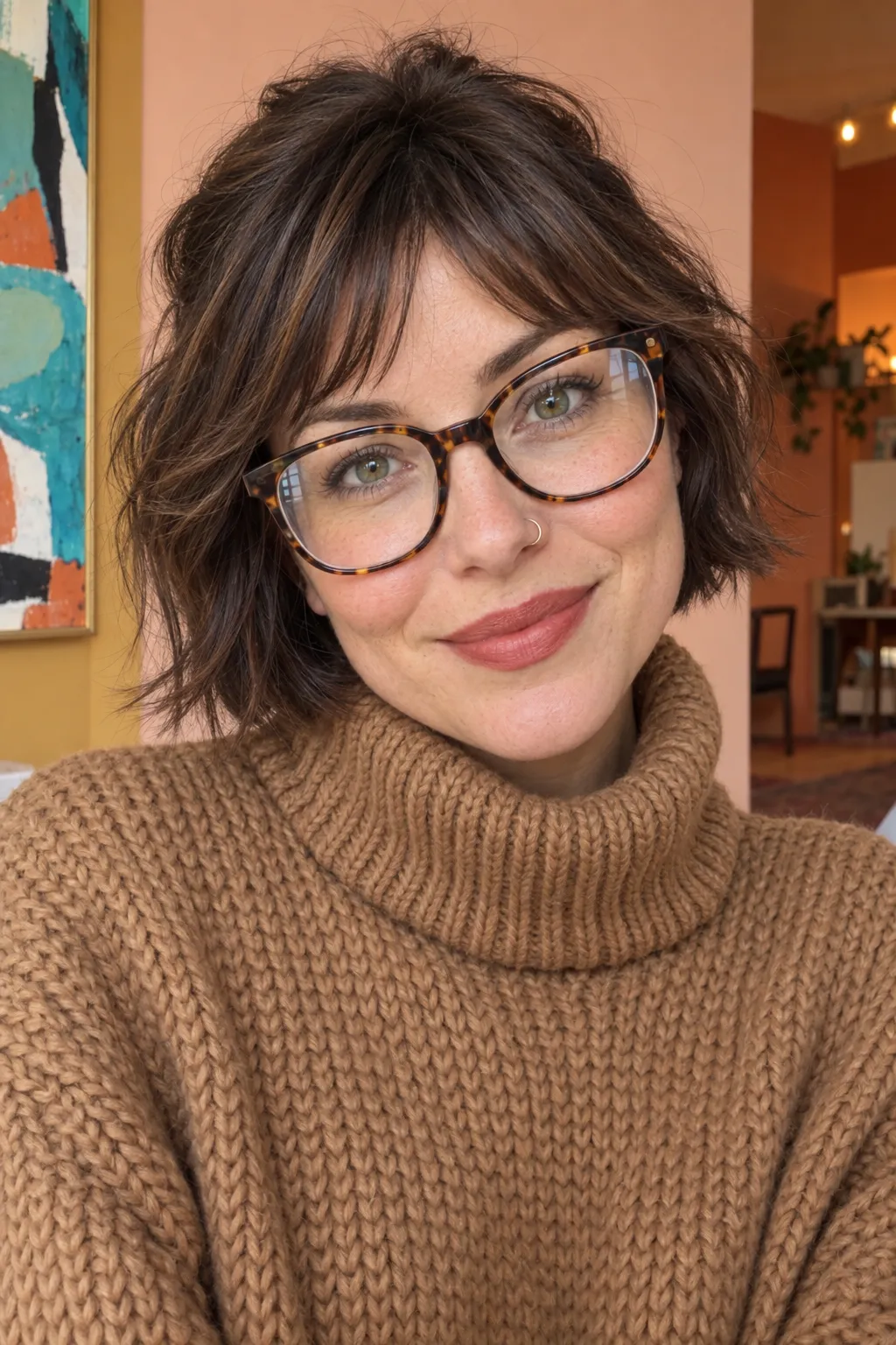 Tousled bob with bangs worn with glasses.