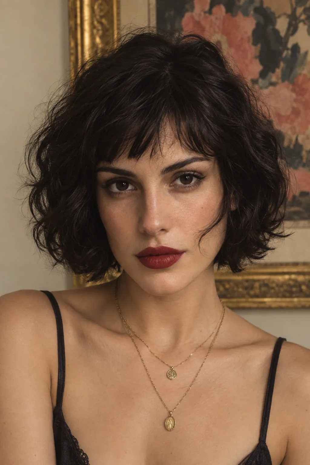Tousled black bob with a short fringe.