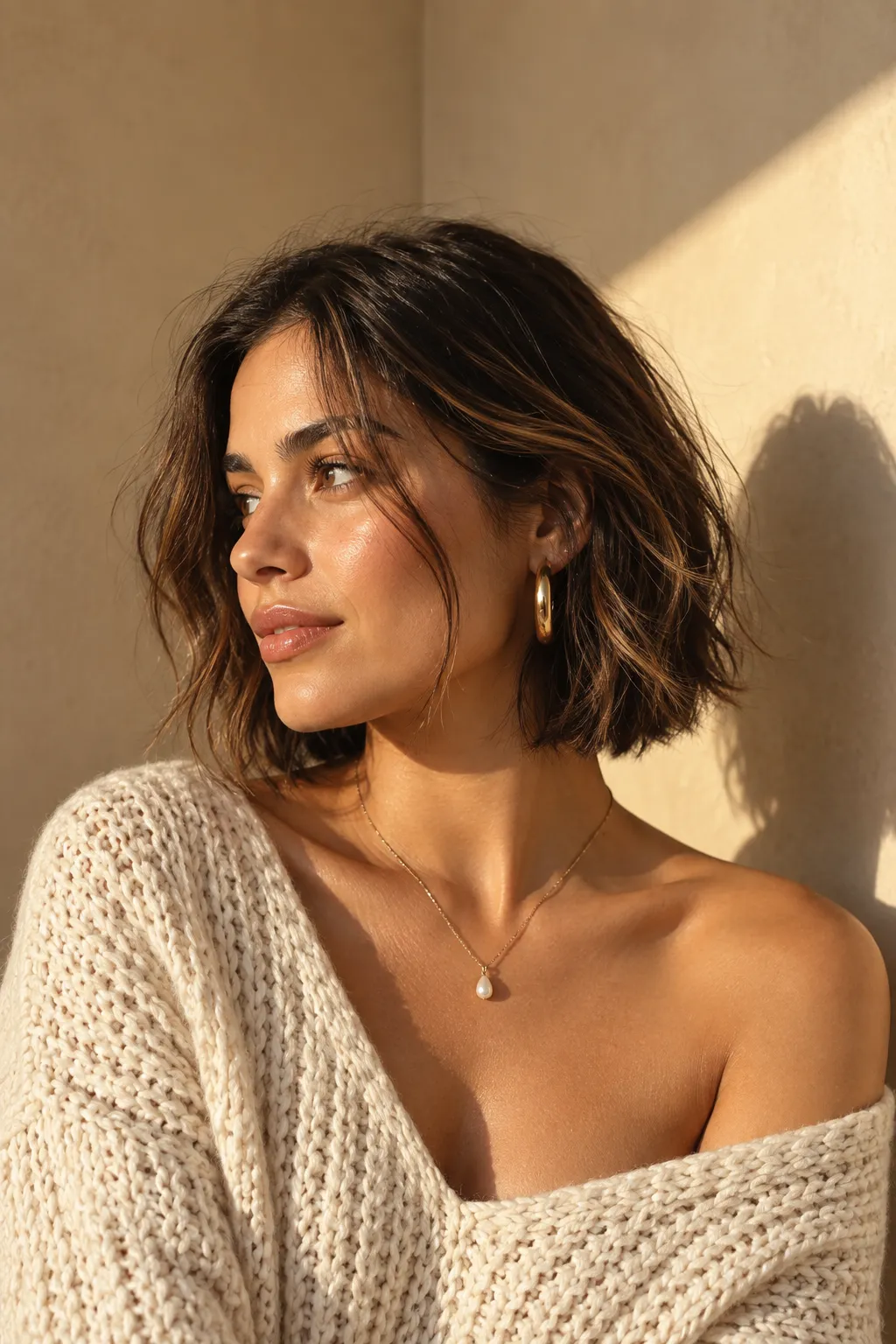 Tousled brunette hair with warm caramel highlights woven through the texture.