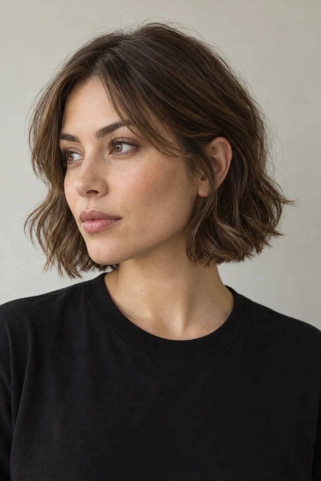 Tousled brunette bob with wispy, center-opening curtain bangs.