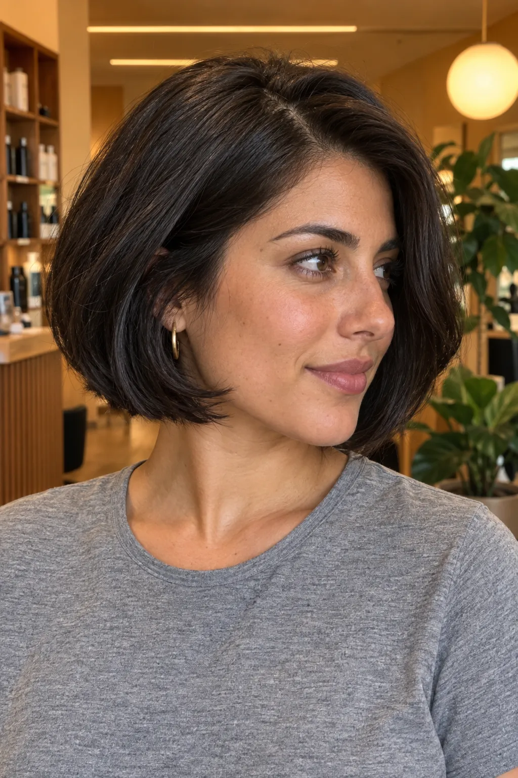 Glossy dark Italian bob with soft volume at the side