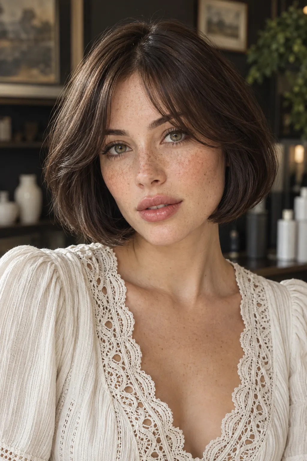 Glossy French bob with softly parted curtain bangs.