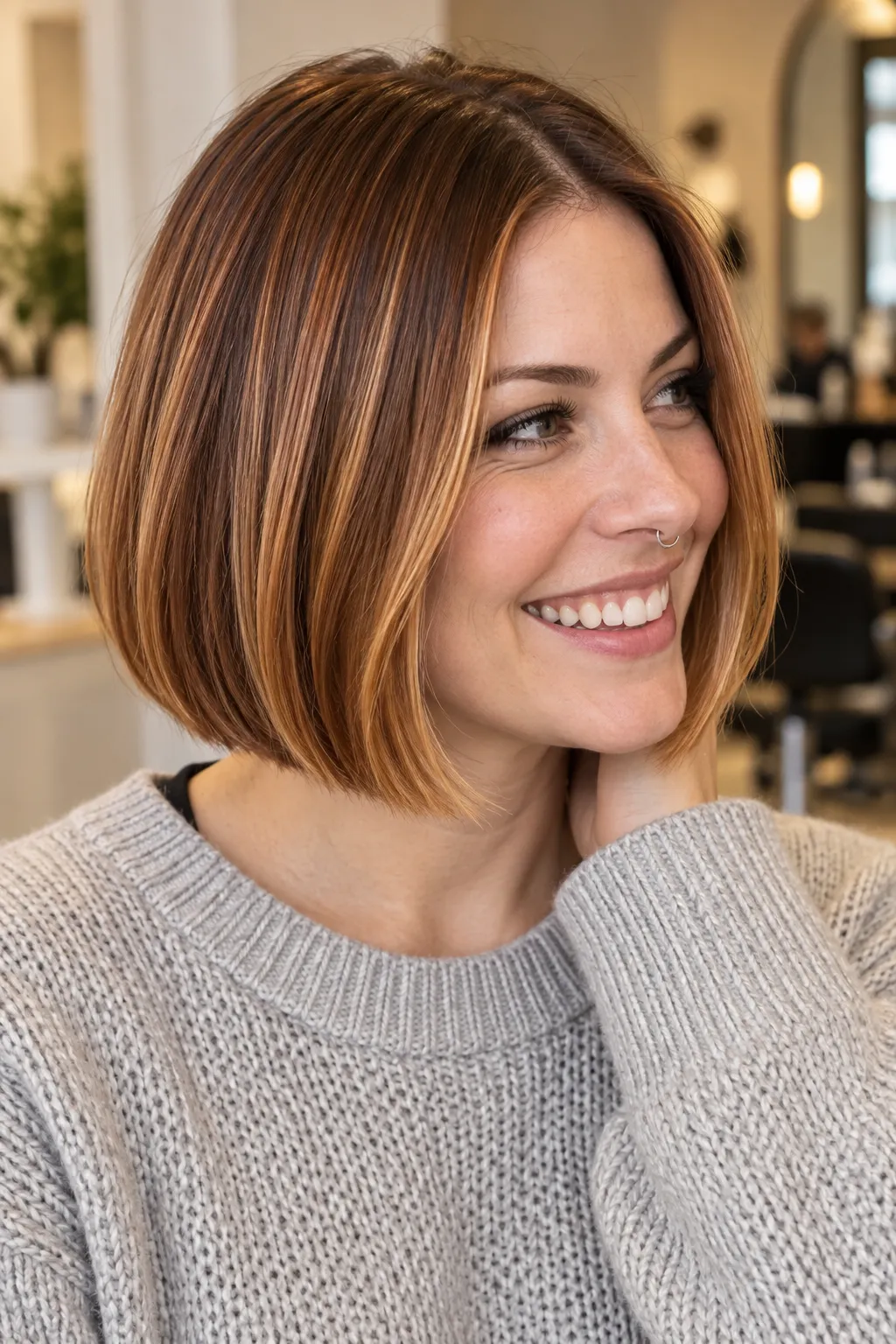 Golden copper bob with a glossy finish