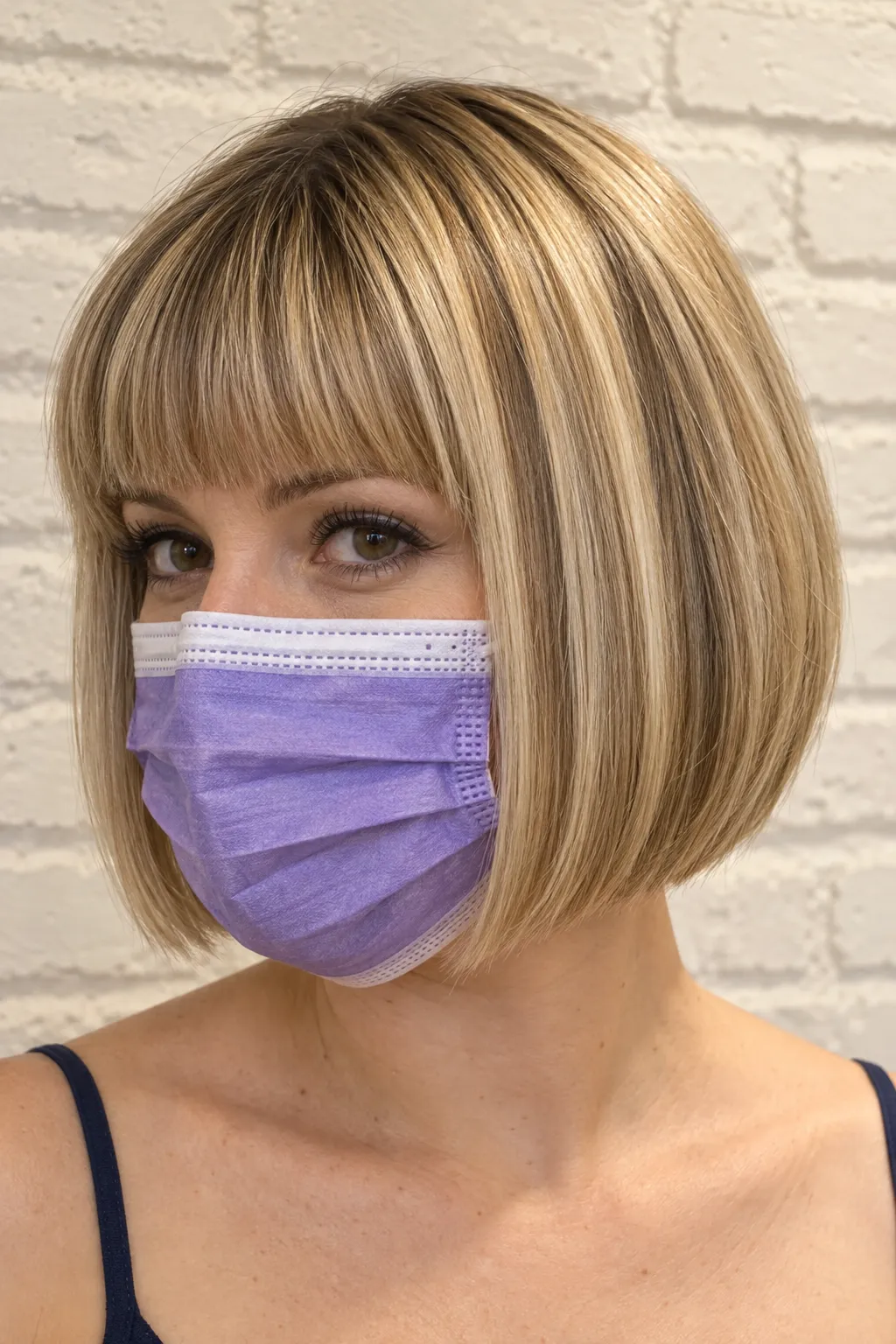 Highlighted blonde bob with a full fringe