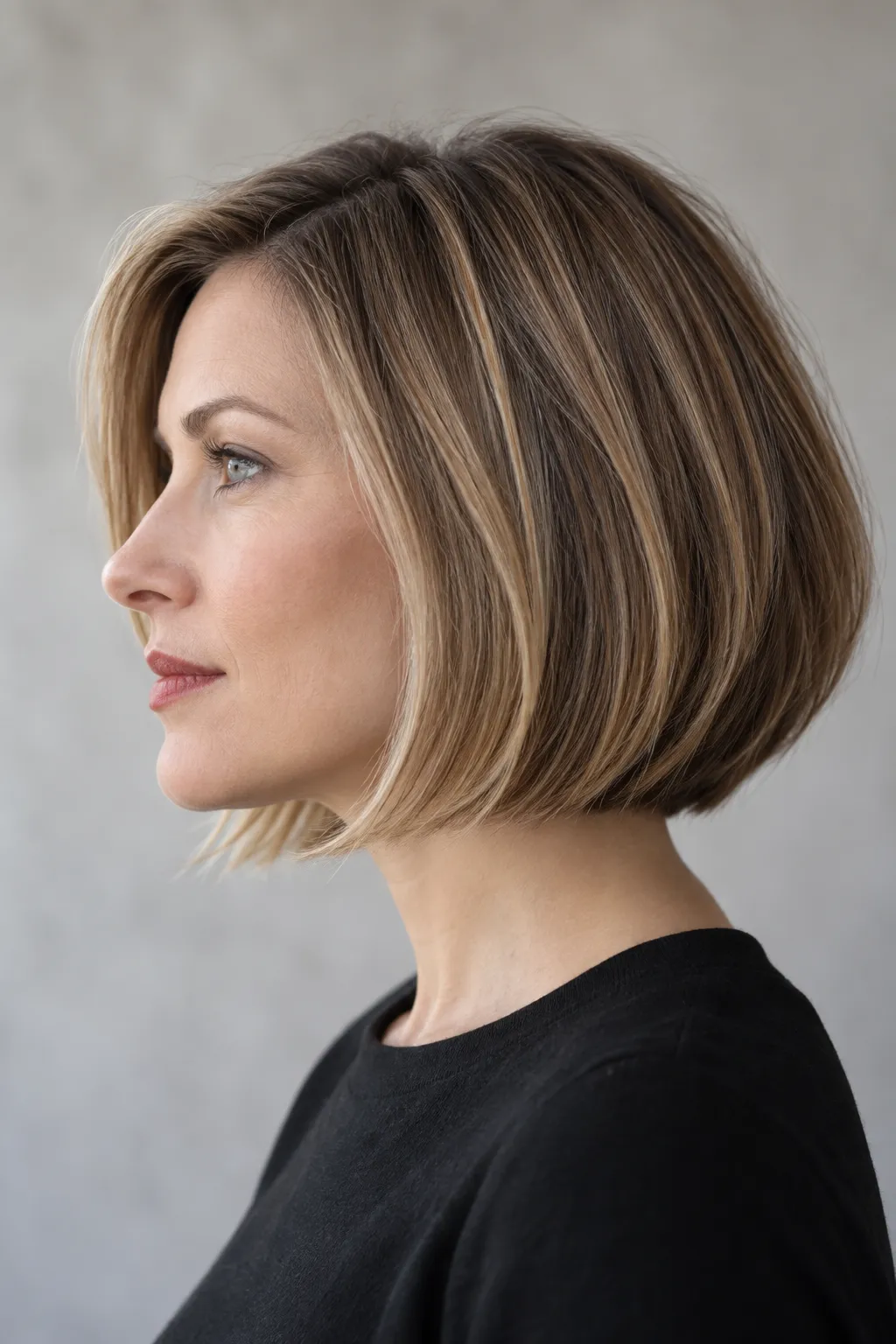 Highlighted bronde bob combining blonde and brunette tones with a soft edge.