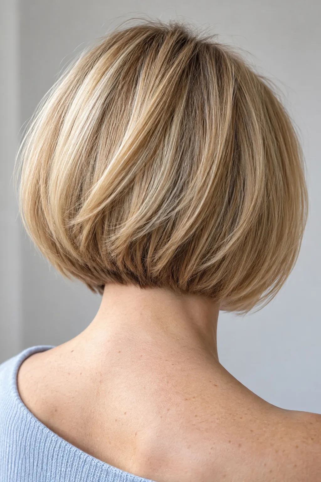 Honey blonde bob showing a rounded rear silhouette.