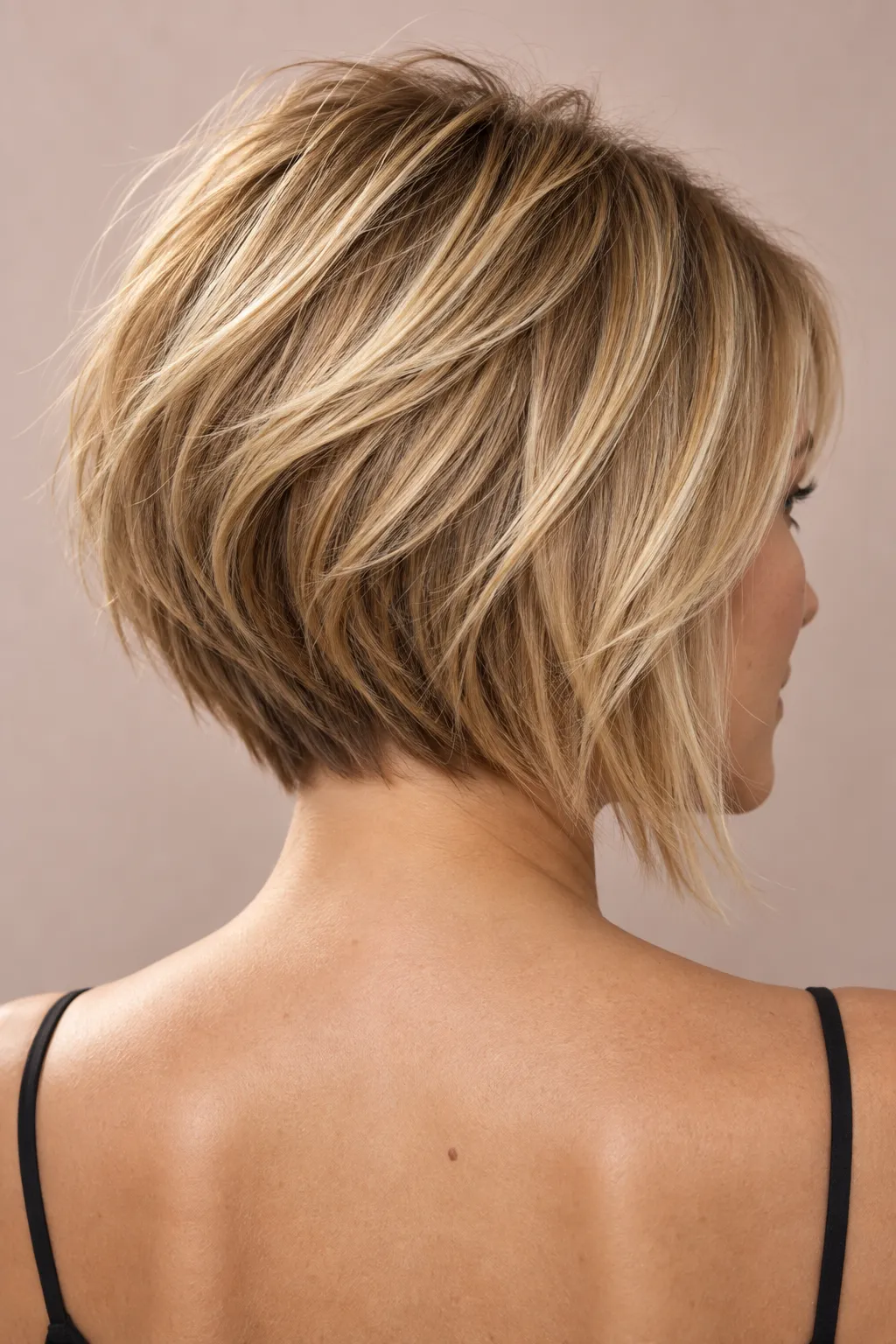 Honey blonde graduated bob with texture through the back.