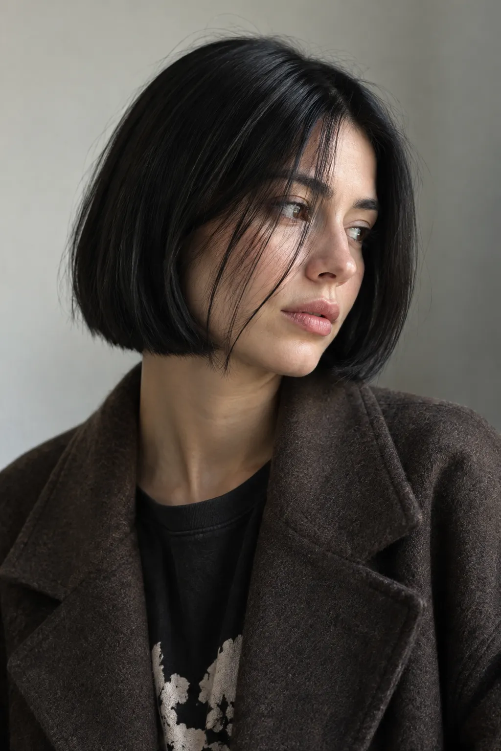 Jet-black bob with a sharp edge at chin length