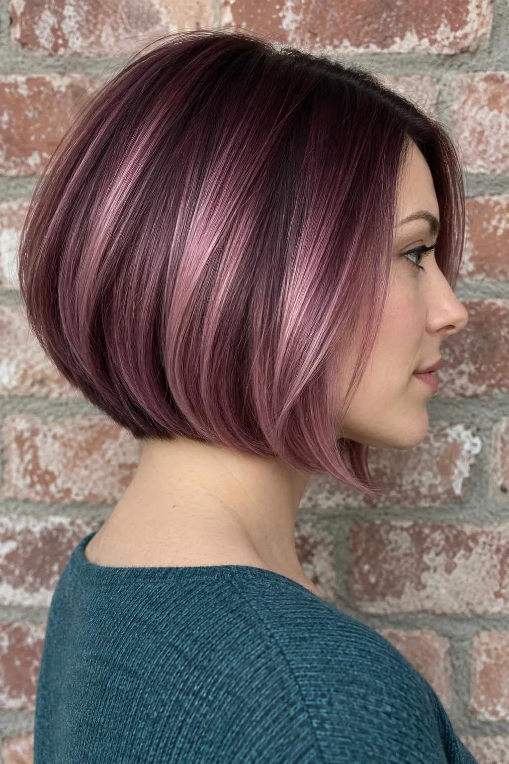 Mauve pink bob with dark plum roots and a contrasting pastel finish.