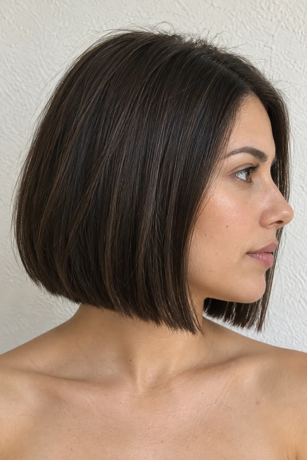 Side view of a natural dark brown bob