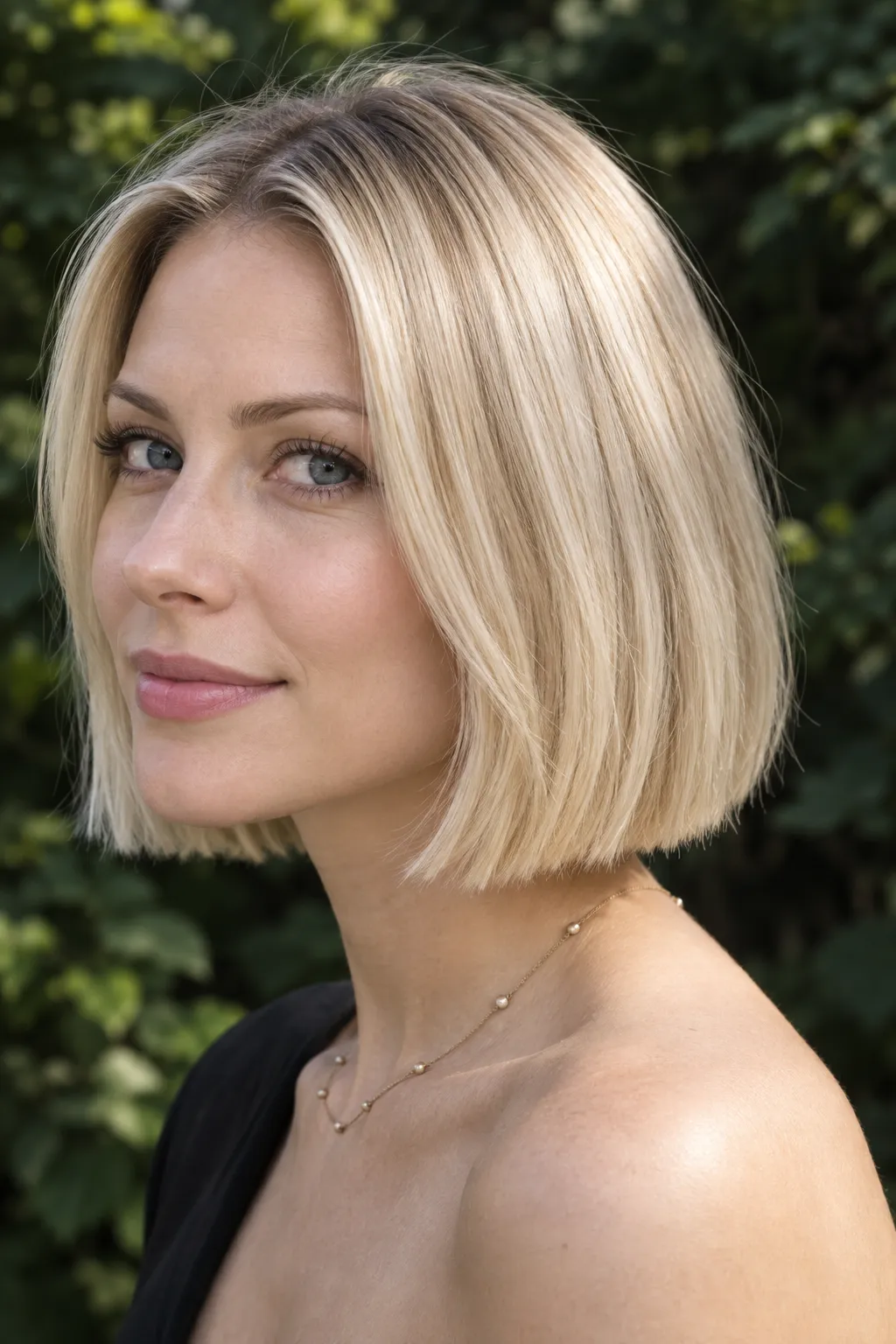 Pale blonde bob finished with crisp blunt ends.