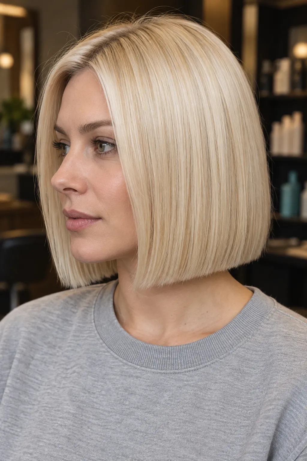 Pale blonde bob with a precise, clearly defined blunt edge.