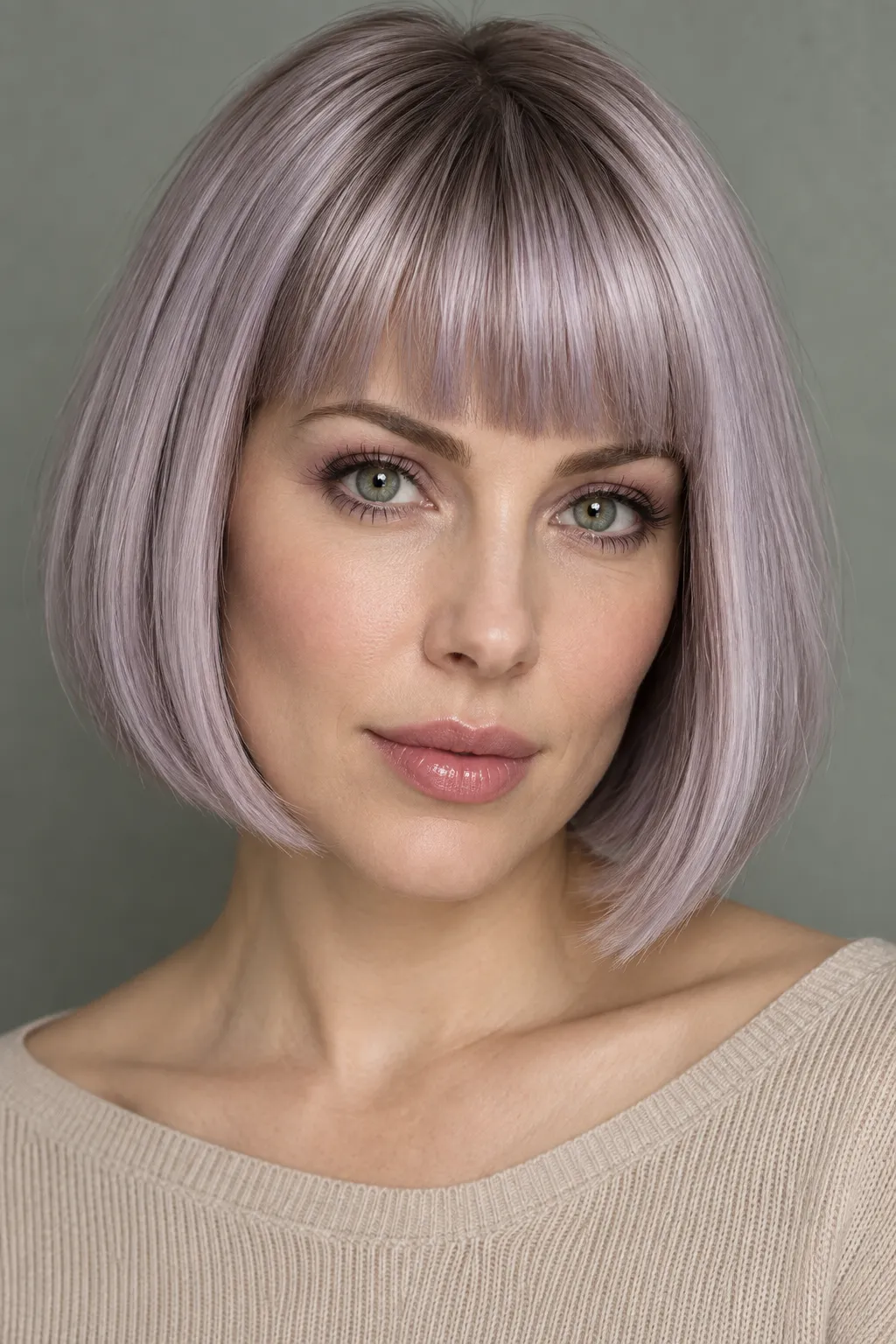 Pastel lilac bob featuring blunt bangs