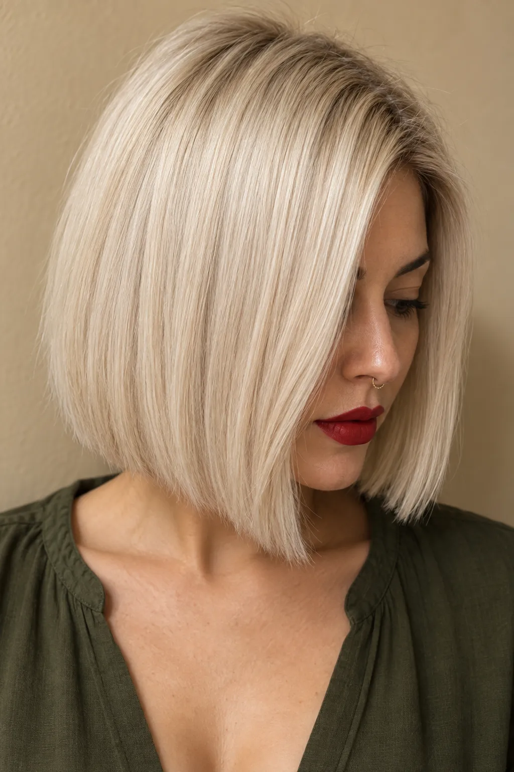 Platinum blonde bob styled with a deep side part