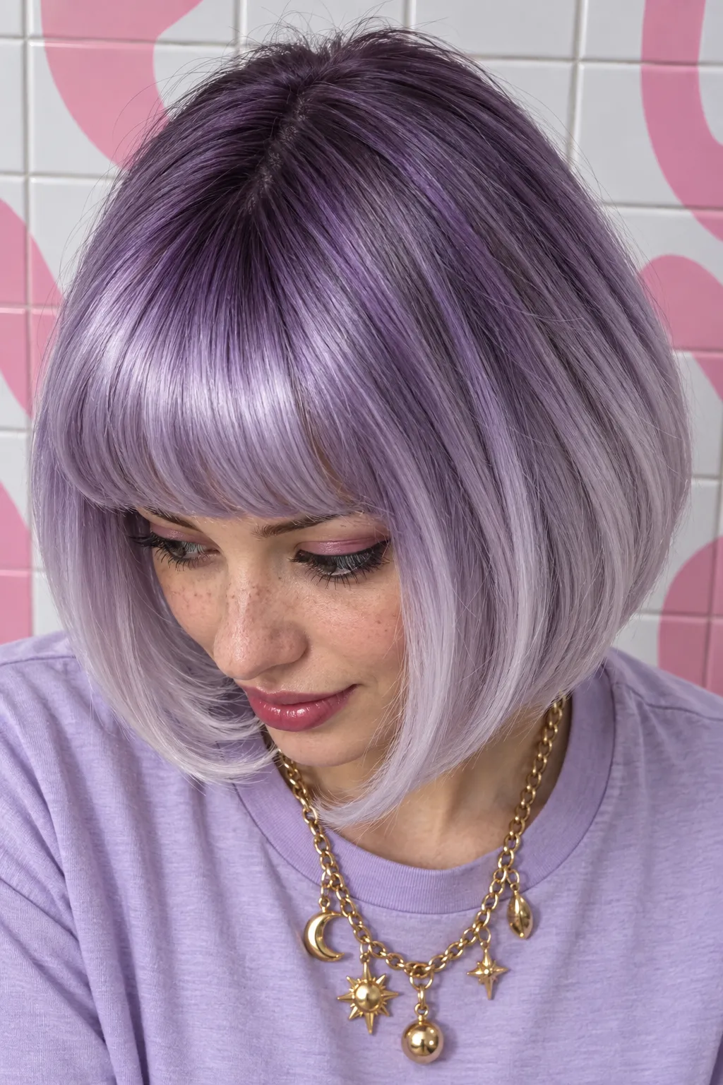 Purple and silver bob paired with short bangs