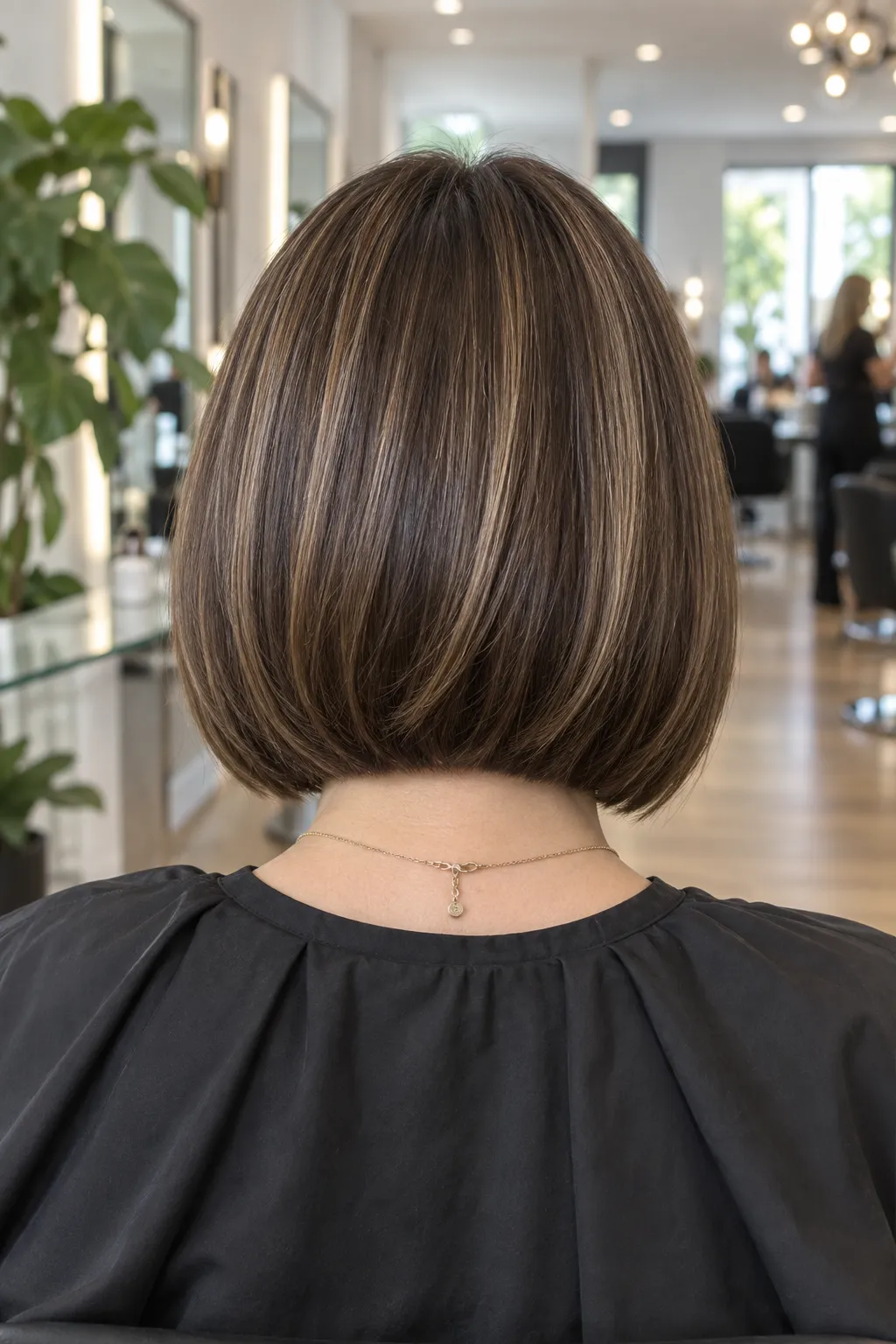 Rear view of a rounded brunette bob with taupe highlights.