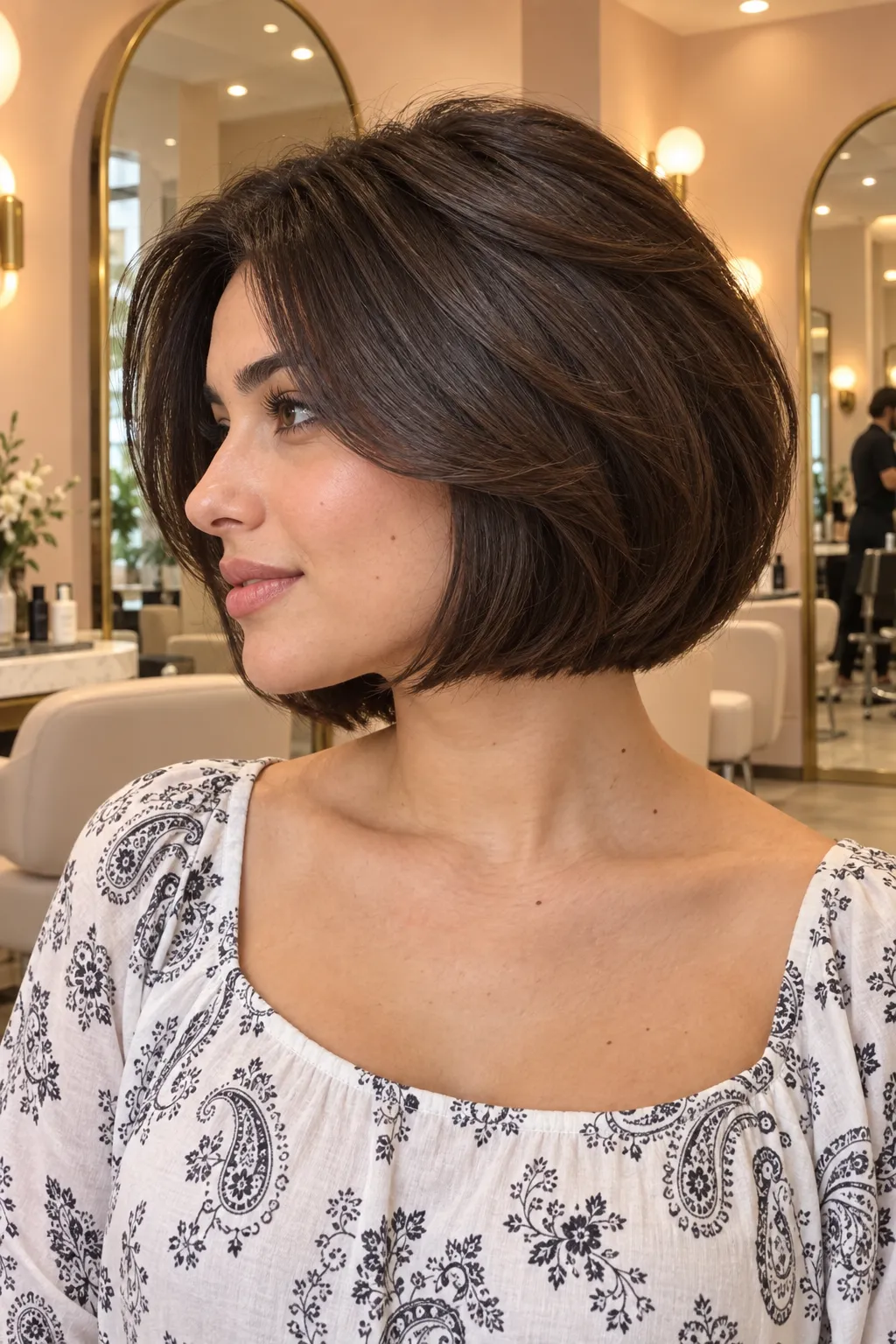 Side view of a rounded brunette Italian bob