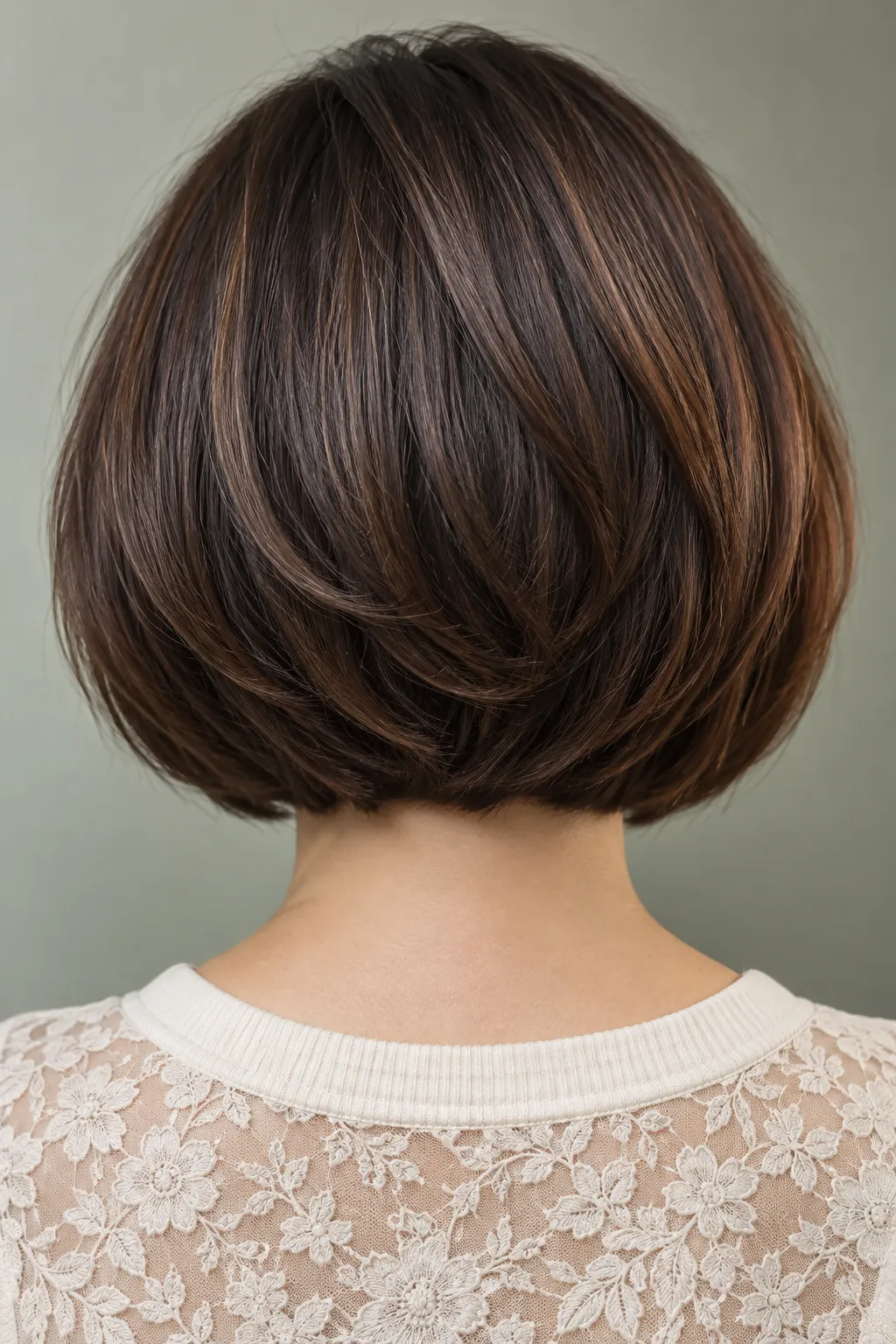 Back view of a rounded chocolate brown bob showing its layers.