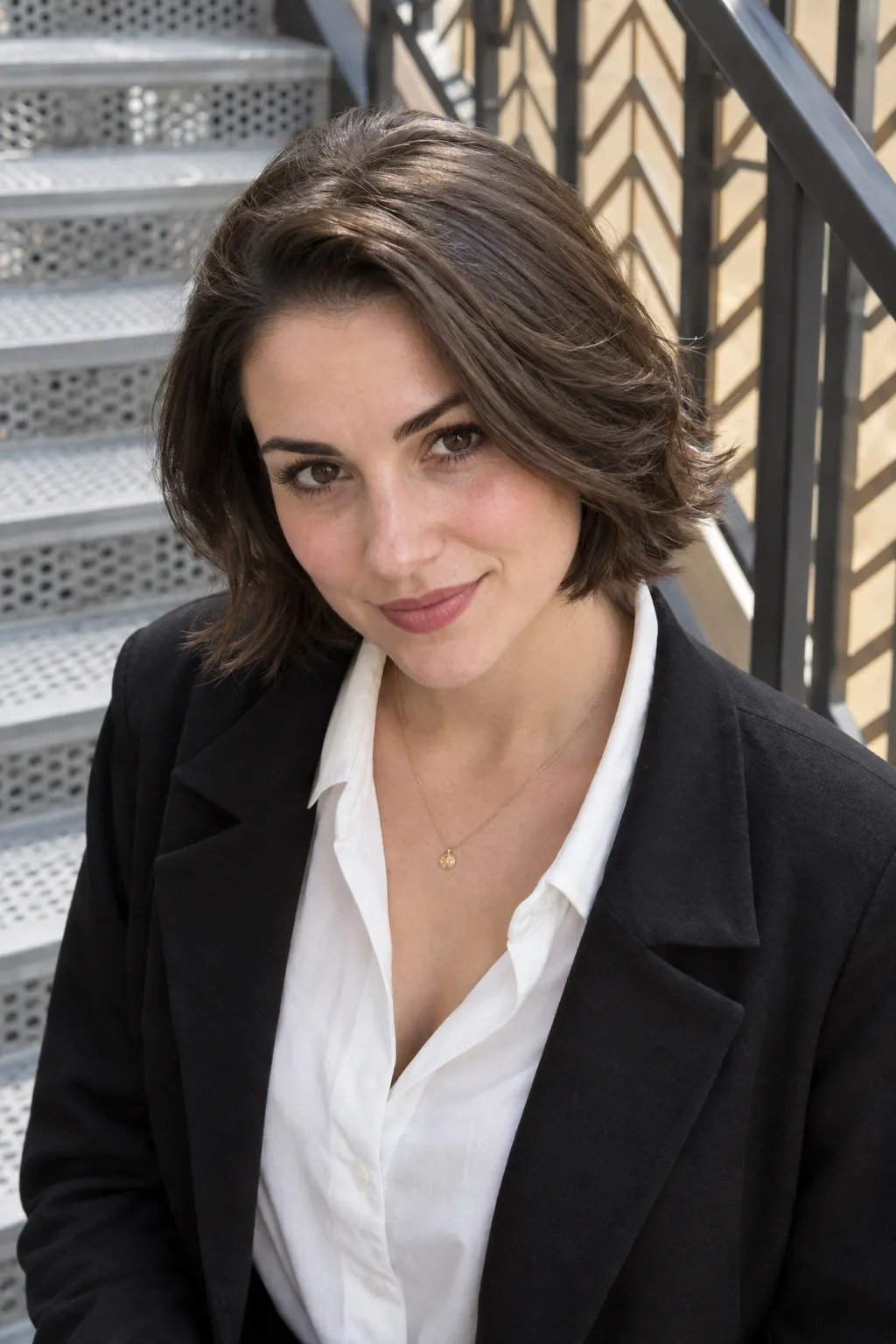 Softly layered brunette Italian bob with a side part