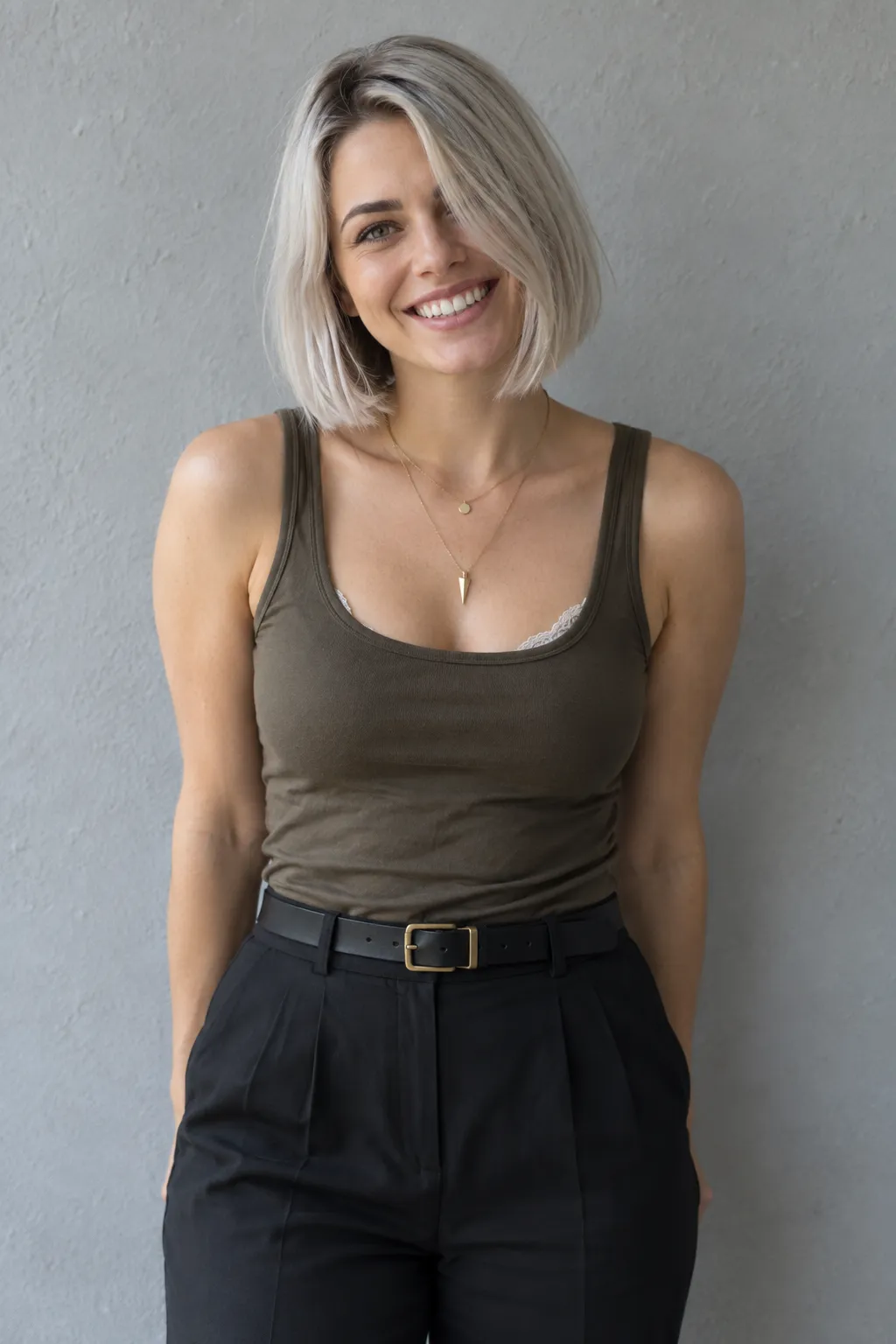 Silver-blonde bob styled with a soft side part
