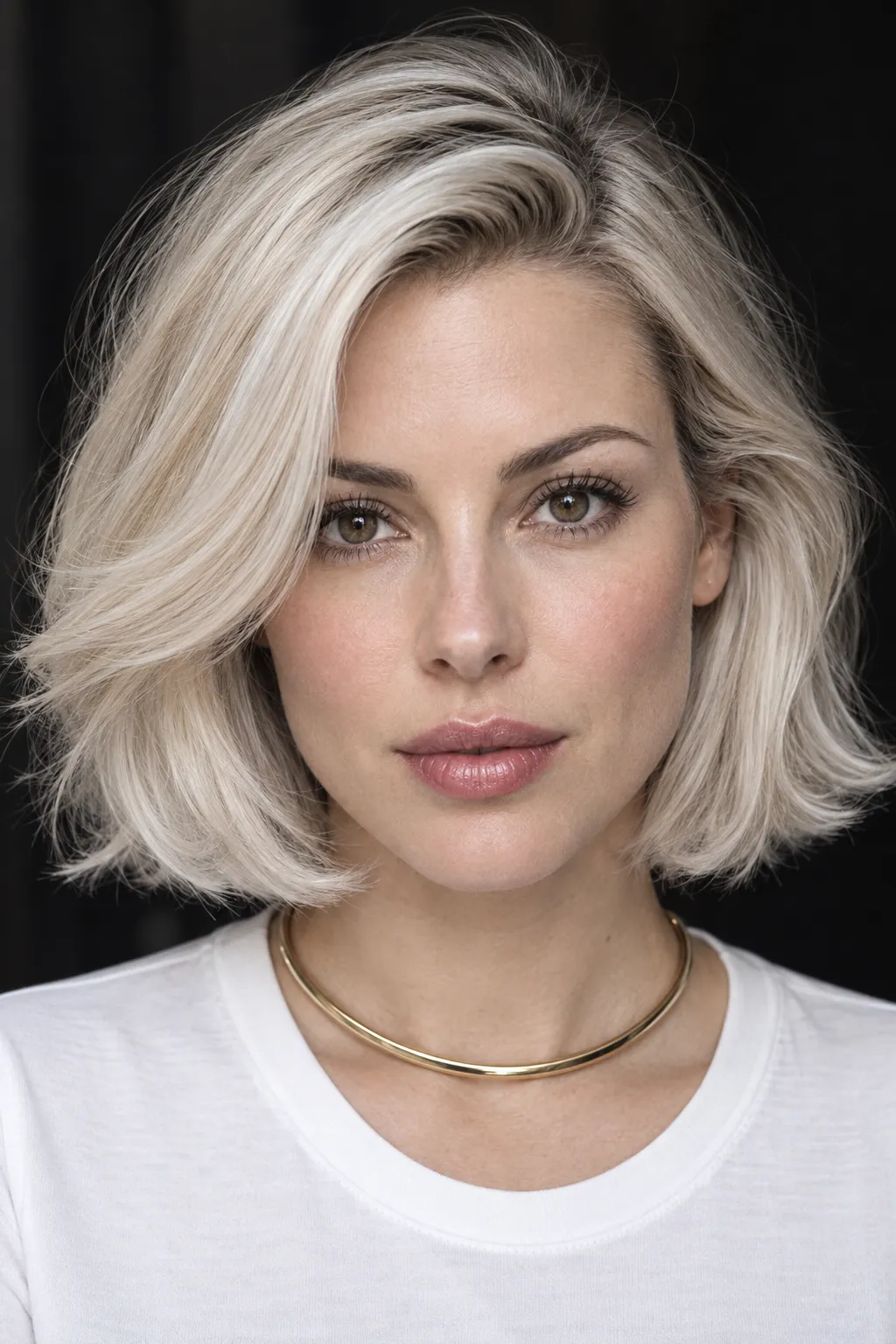 Silver blonde Italian bob with a deep side part