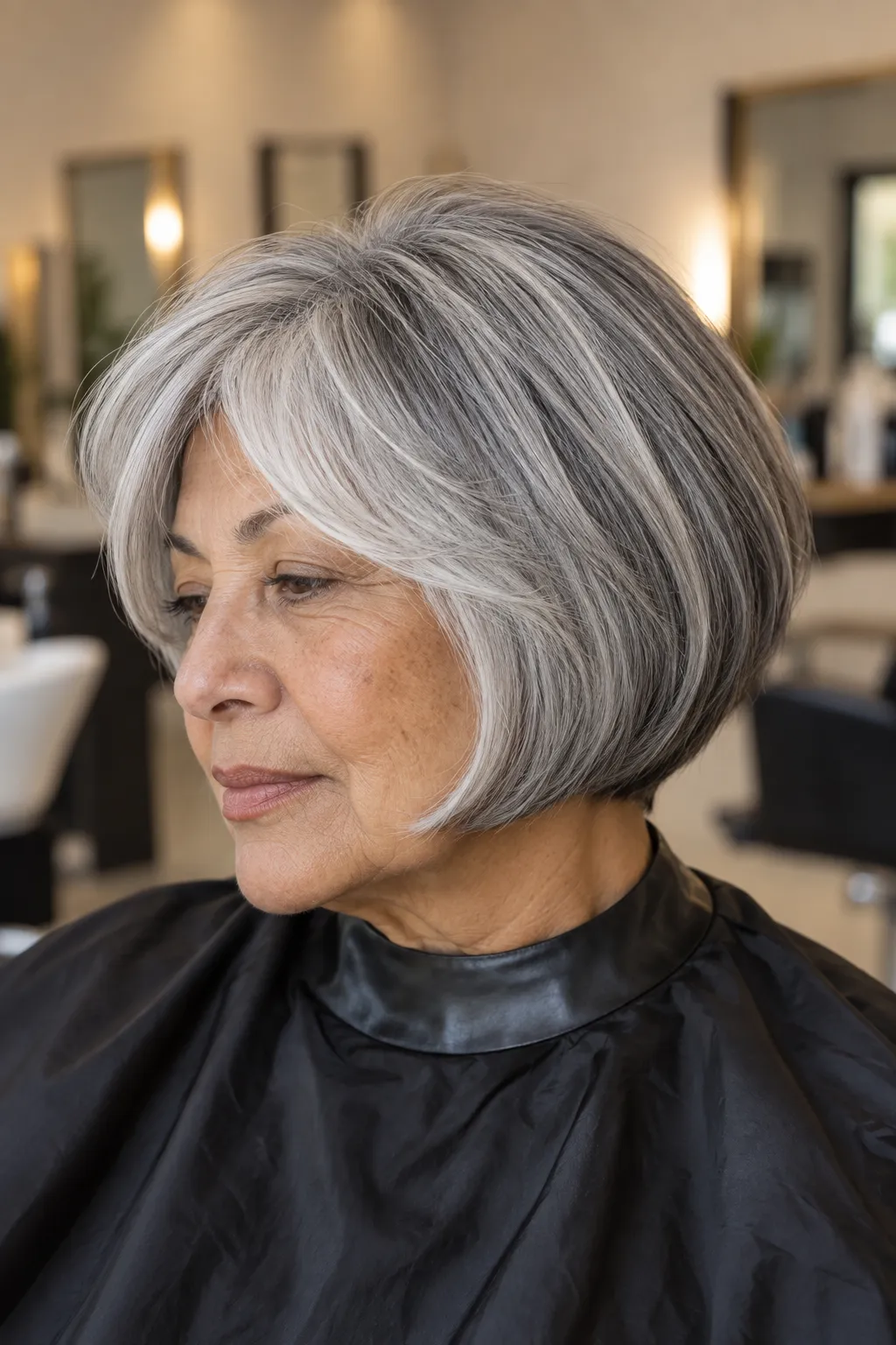 Silver gray bob with a soft fringe swept to one side