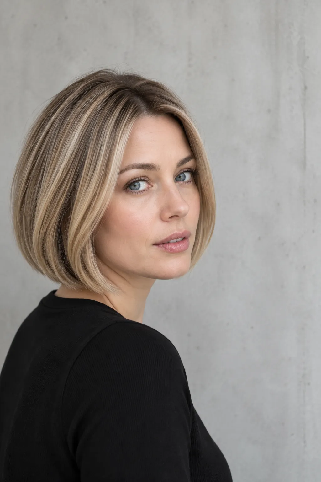 Sleek blonde Italian bob styled with a smooth finish