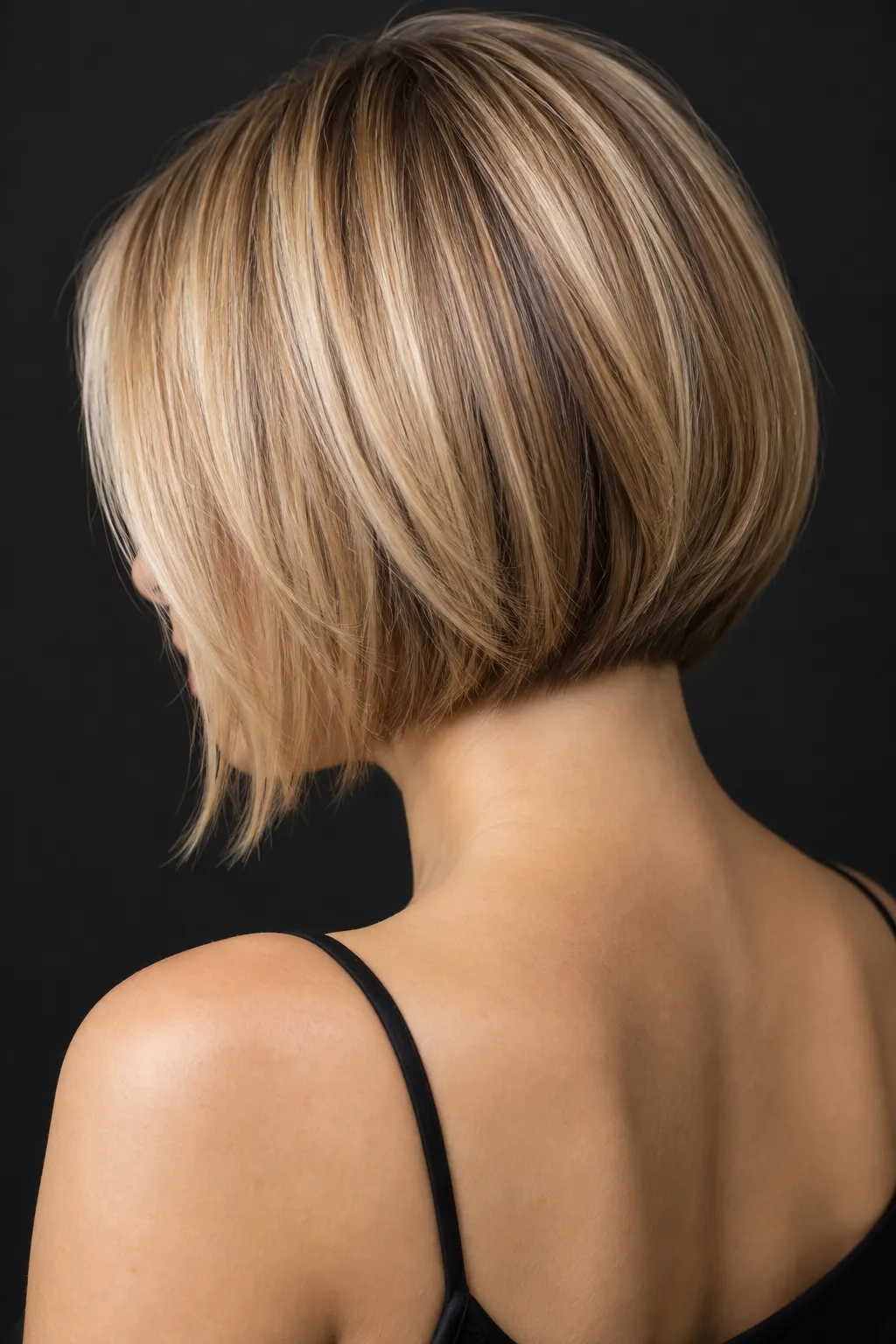 Sleek back view of a highlighted blonde A-line bob.