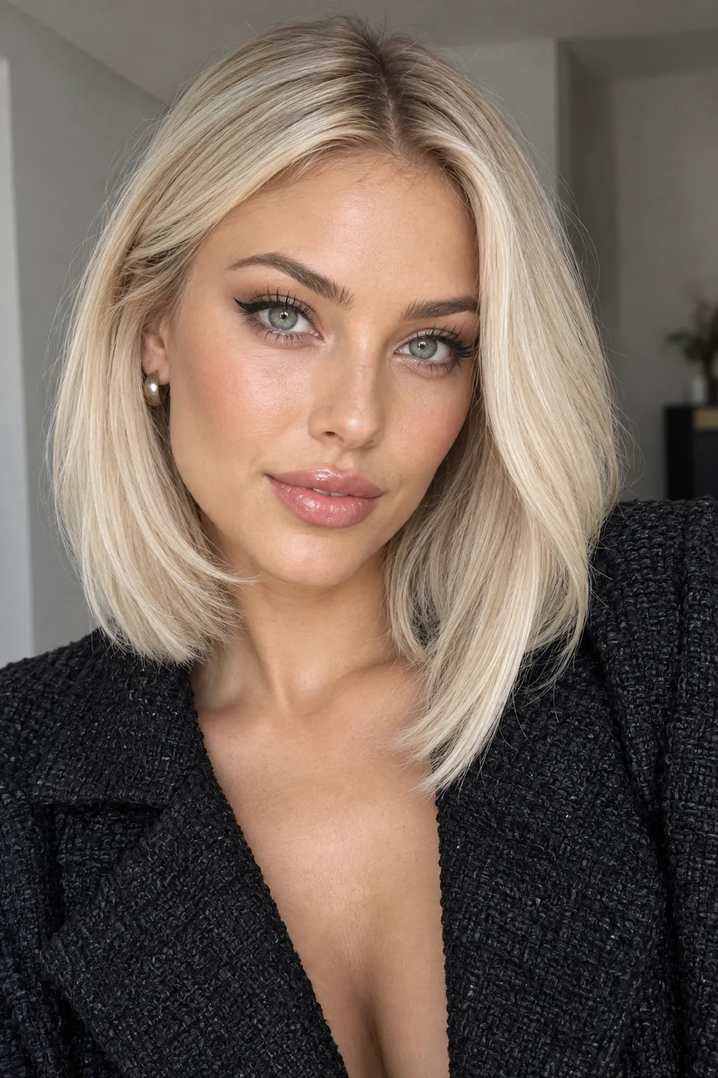 Sleek light blonde bob arranged with a center part.