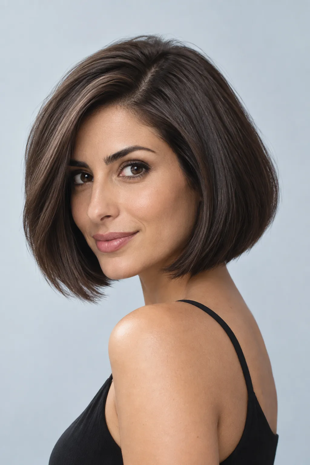 Polished Italian bob styled with a smooth side part