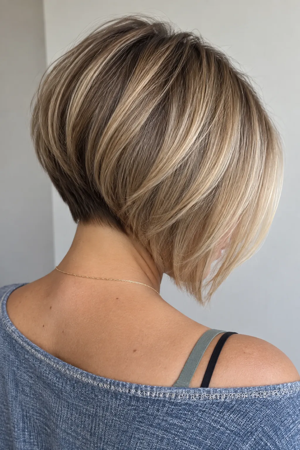 Rear view of a smooth beige blonde inverted bob.
