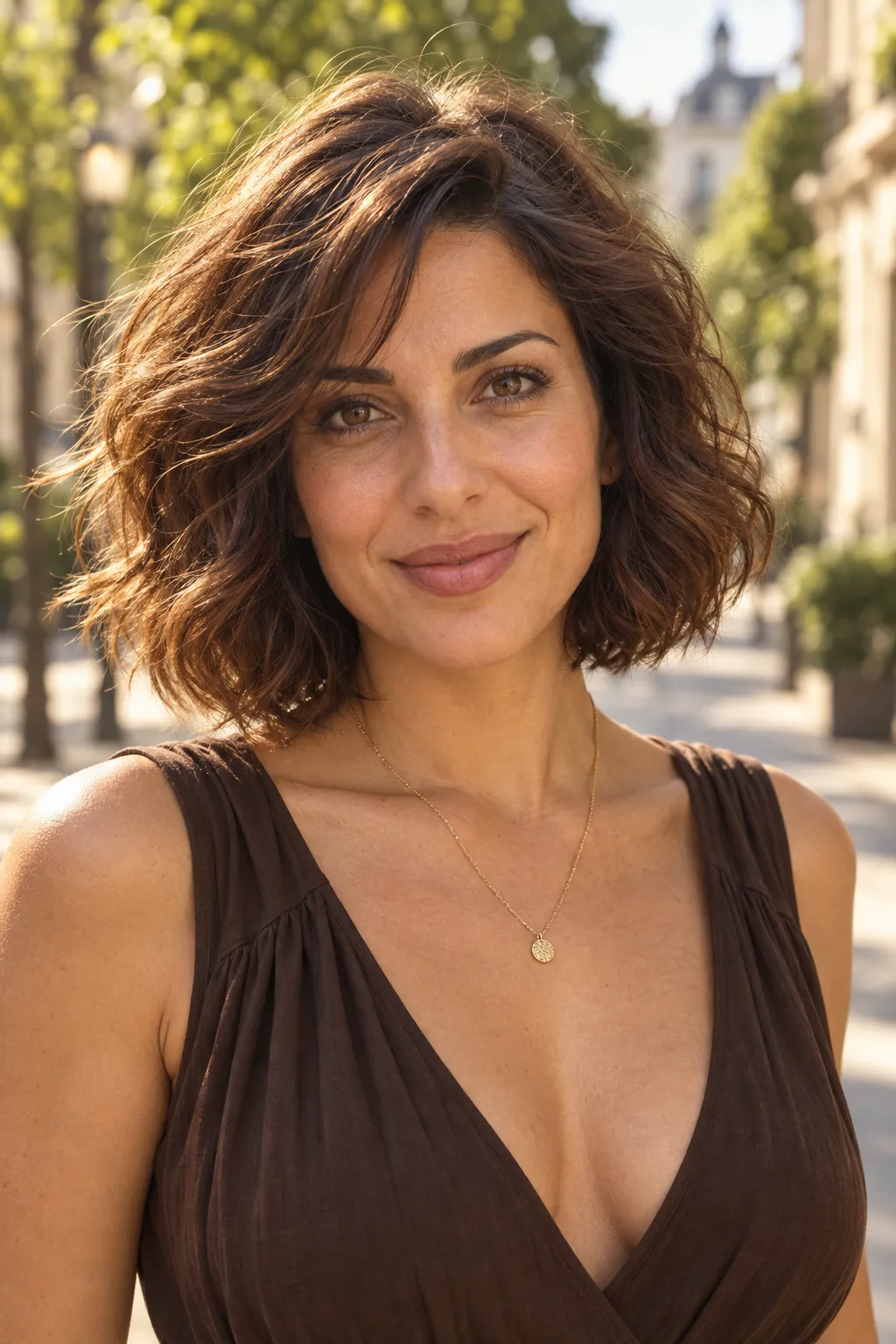 Brunette Italian bob styled in soft waves
