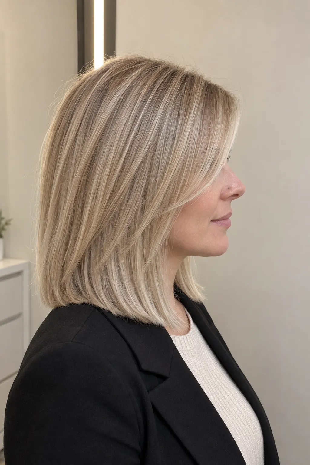 Side view of a straight beige blonde Italian bob