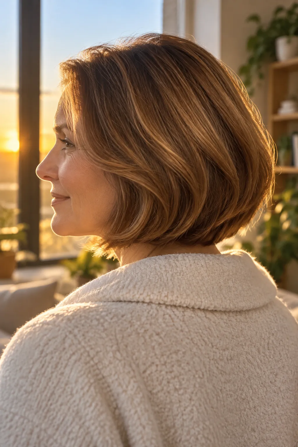 Sunlit caramel Italian bob with rounded ends