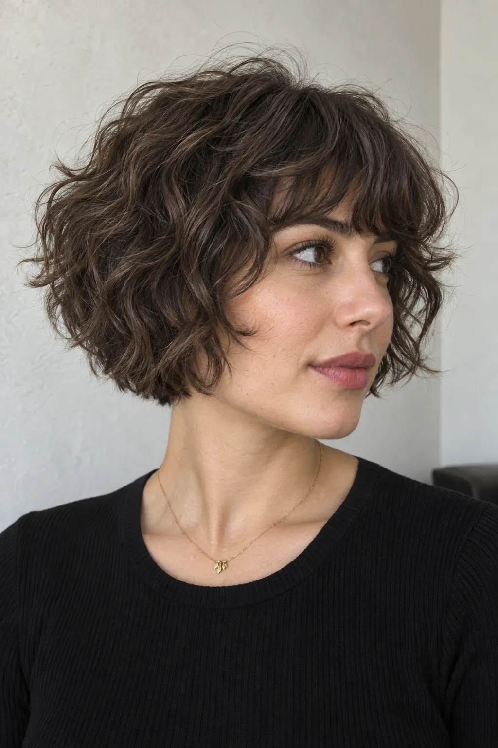 Textured bob with a full fringe styled in waves.