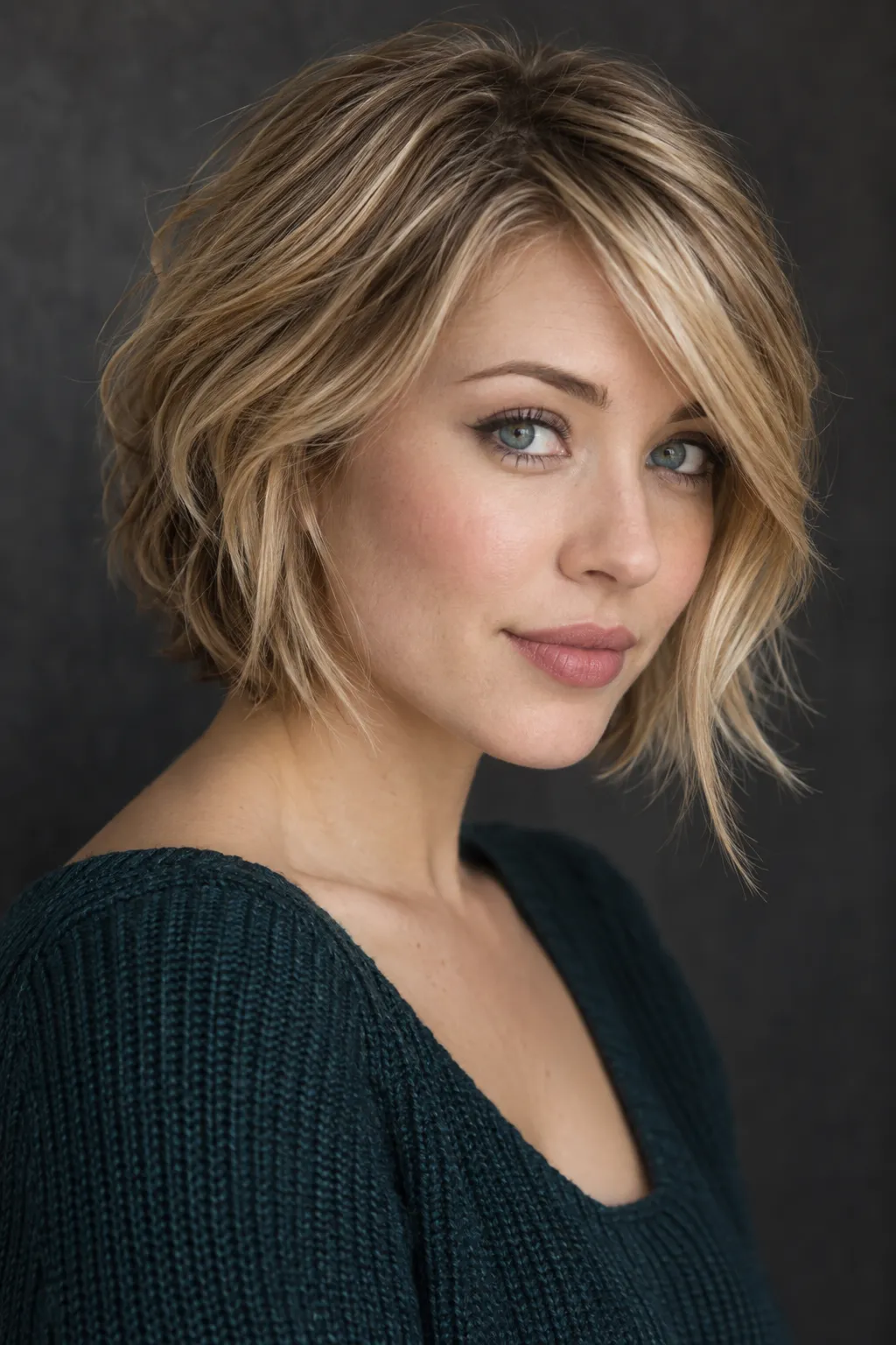 Honey blonde layered bob with textured lengths and side bangs