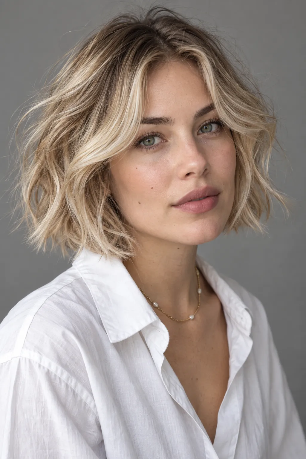 Tousled blonde bob at chin length with a parted curtain fringe