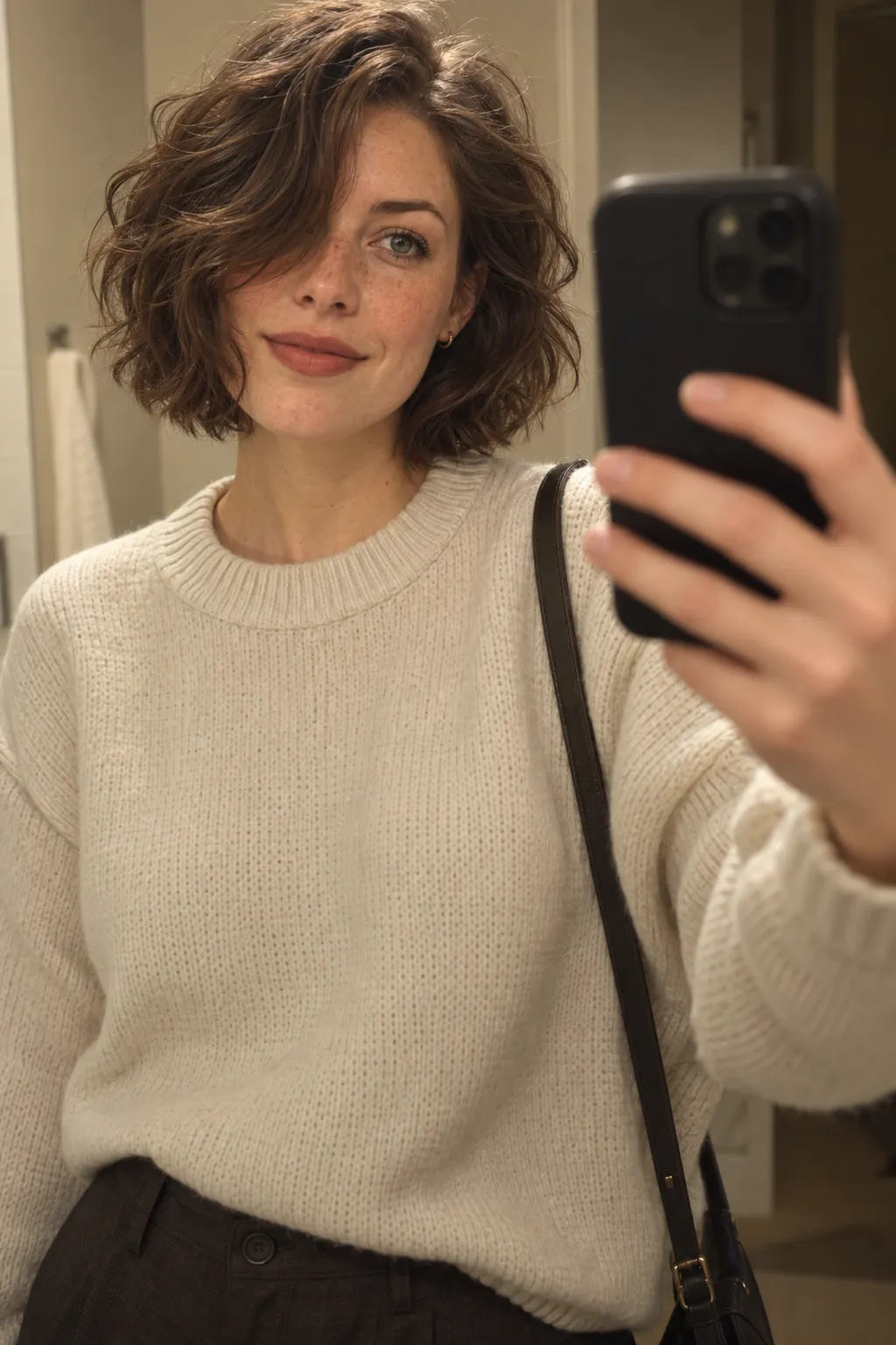 Tousled brunette bob with loose texture and a soft side-swept front