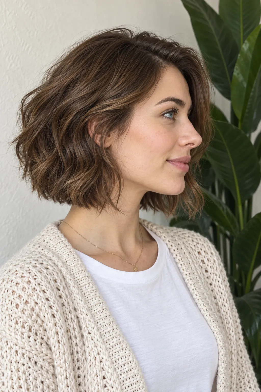 Profile view of a tousled brunette Italian bob
