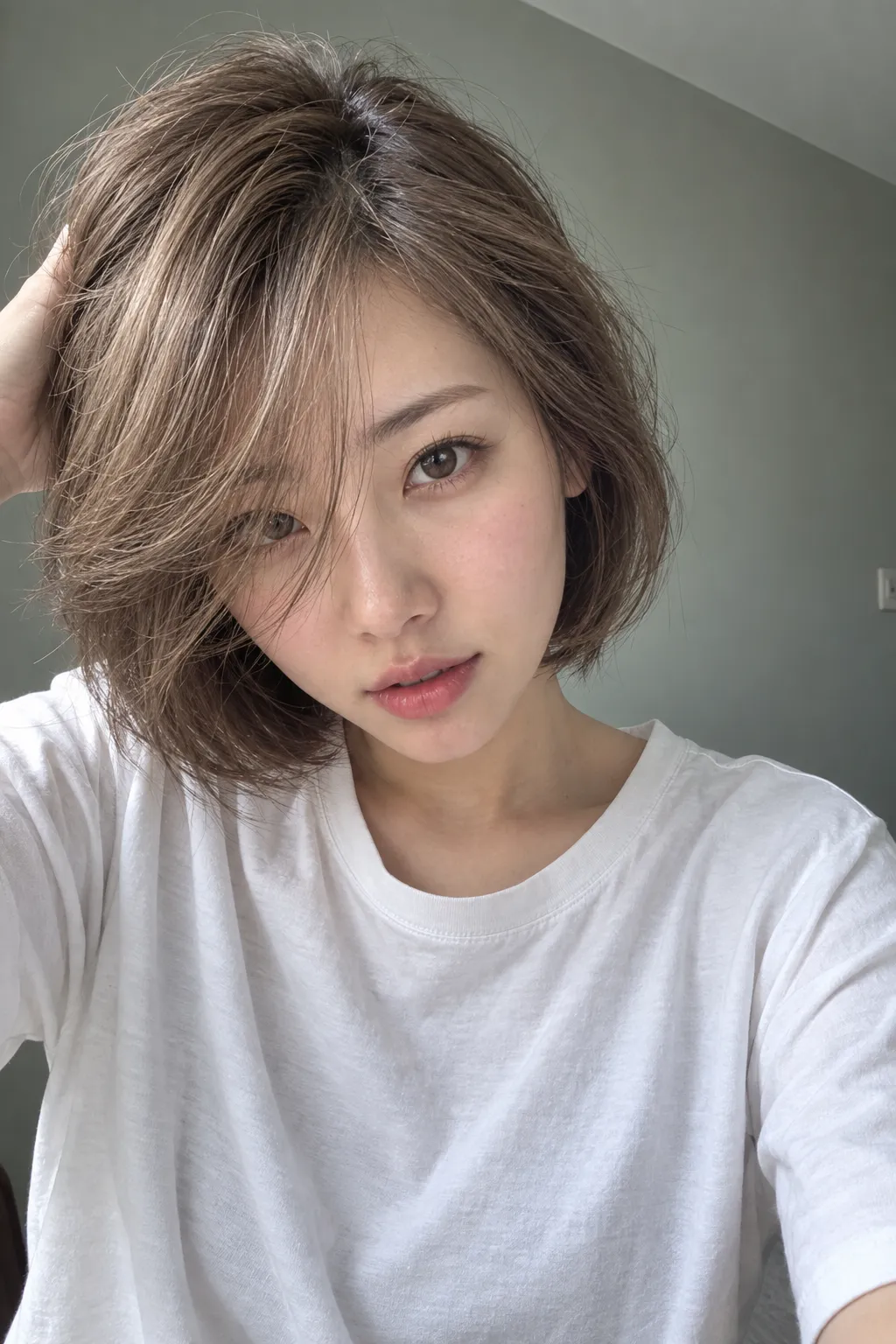Tousled Italian bob with hair swept deeply to one side