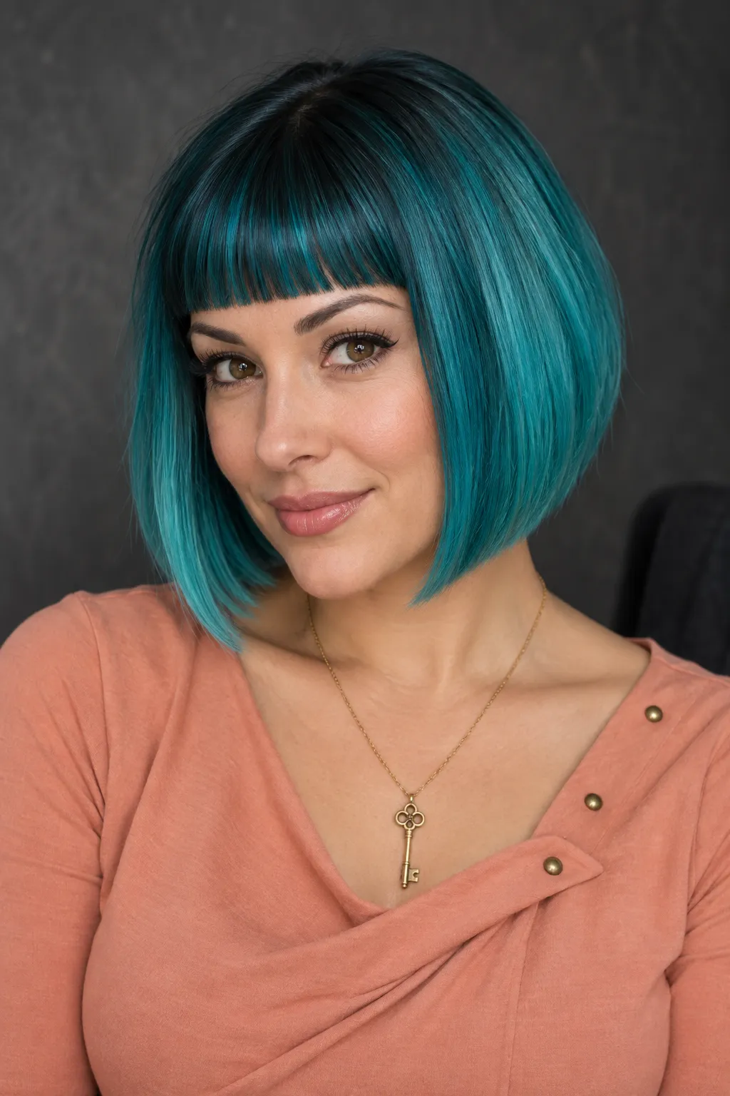 Vibrant teal bob with straight, blunt bangs