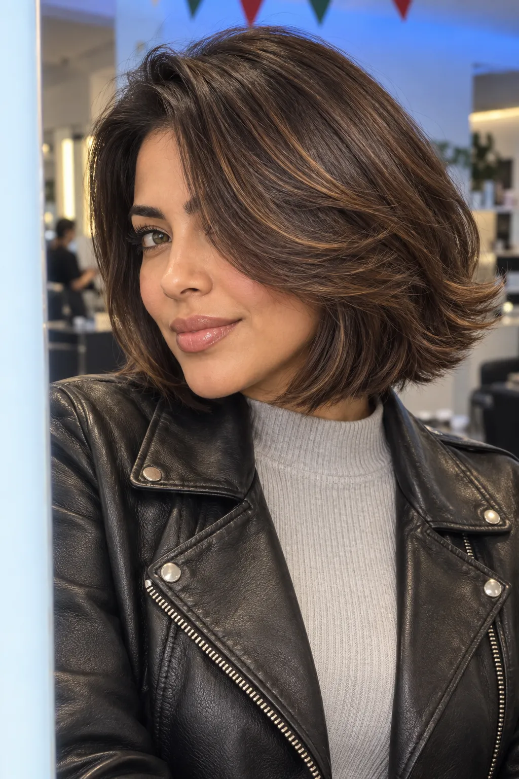 Glossy brunette Italian bob styled with full volume