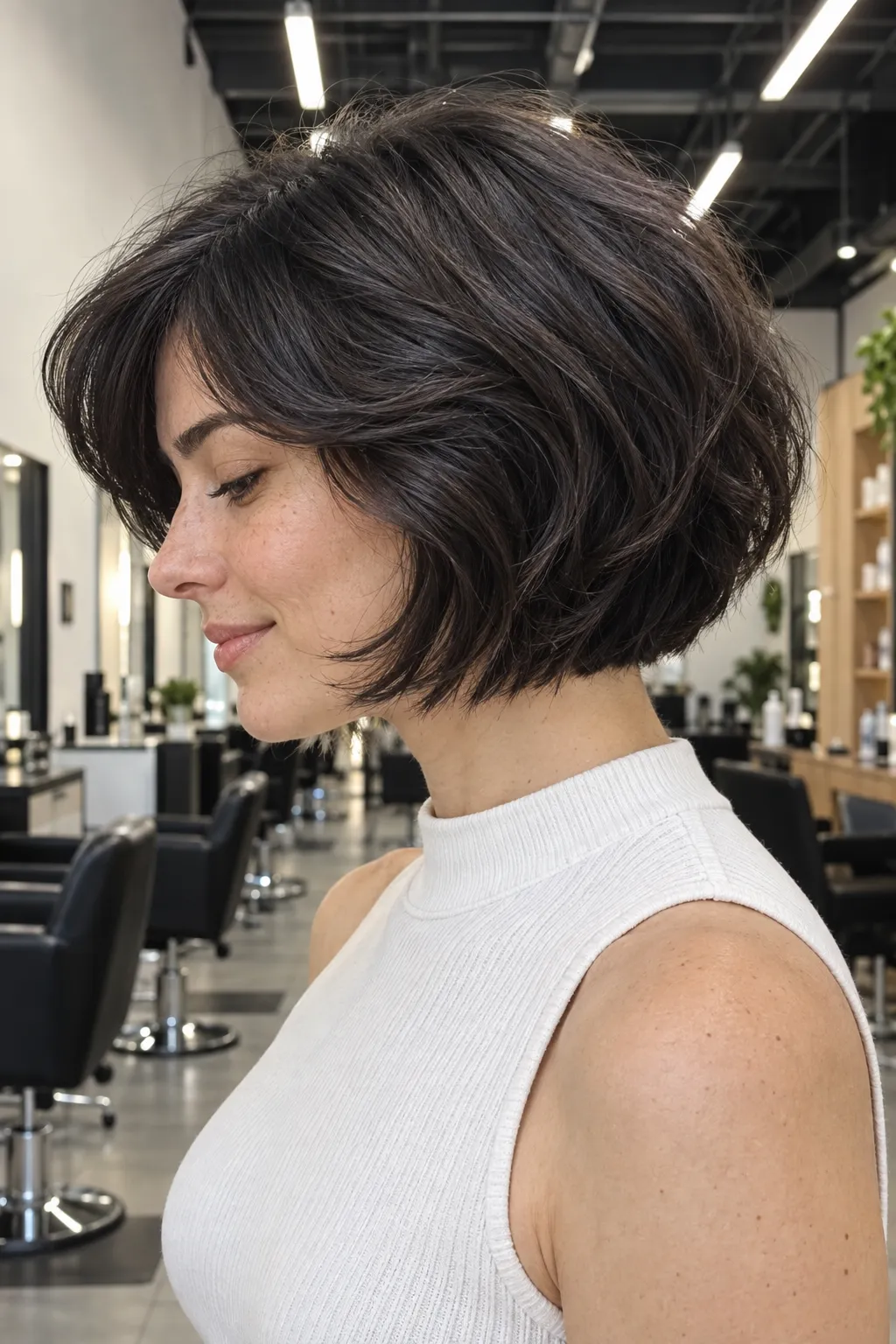 Voluminous dark Italian bob with a sweeping fringe