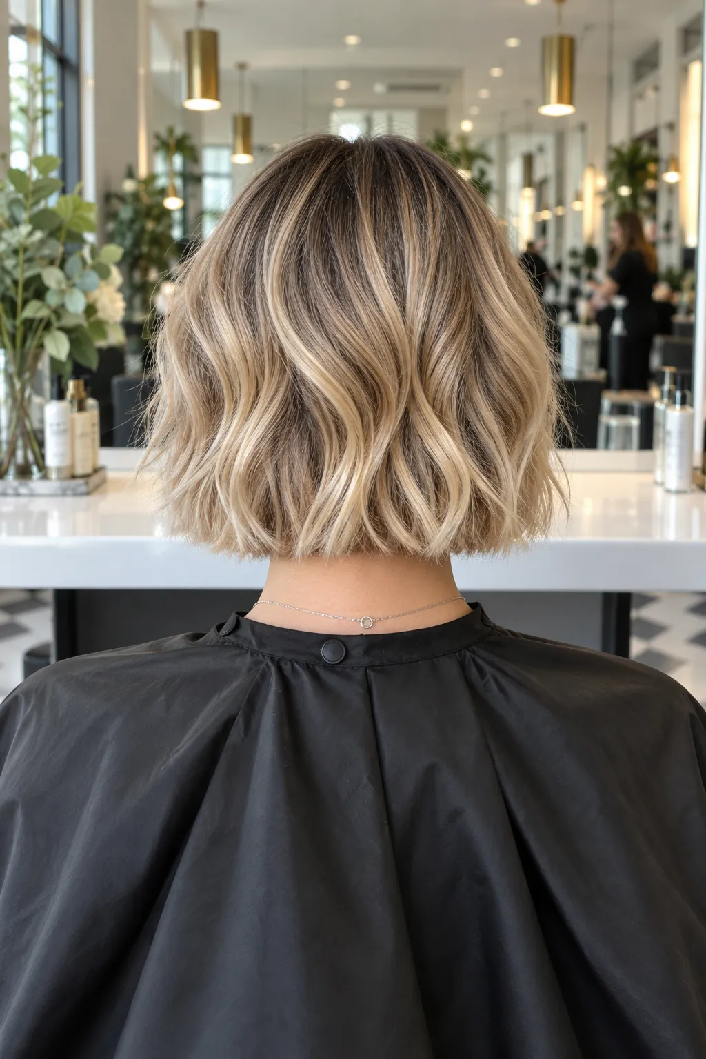 Wavy bob with blonde balayage and a blunt outline across the back.